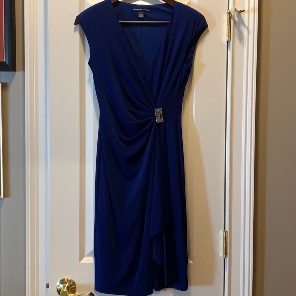 Alex Evenings Royal Blue Draped Cocktail Dress with Brooch